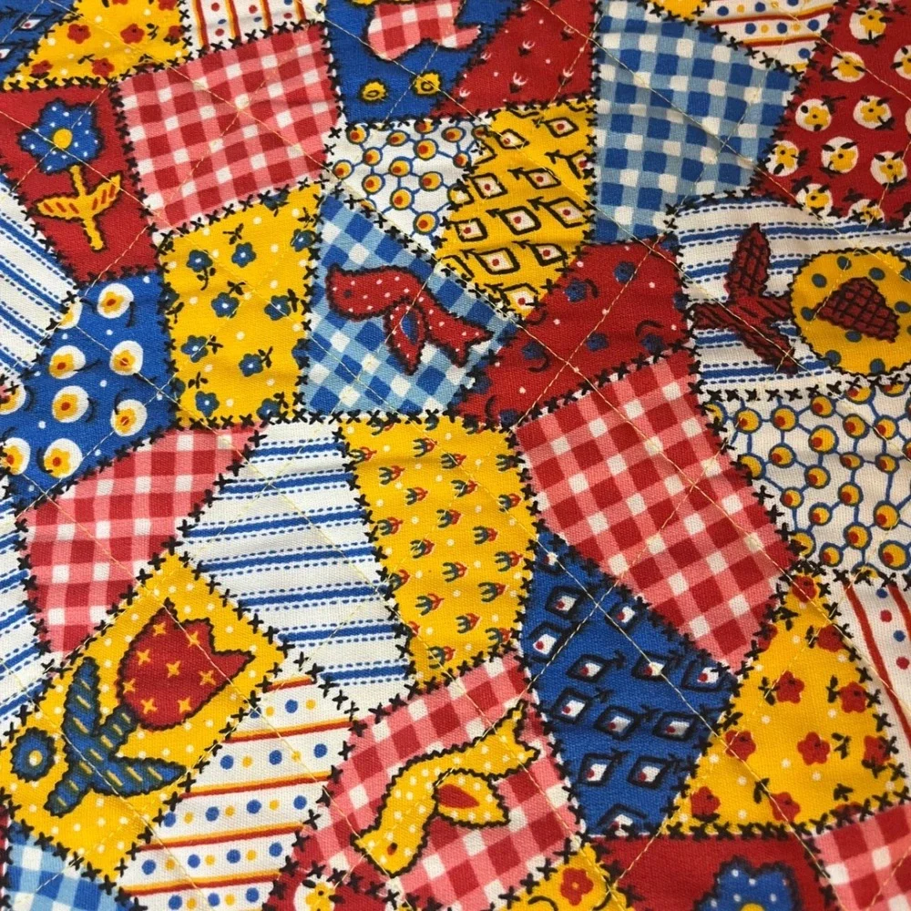 Vintage Quilted Patchwork Placemats Set of 4‎ Yellow Red gingham Blue Farmhouse
